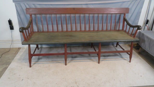 PA wide seat deacon bench in old green and red paint (1 of 5)