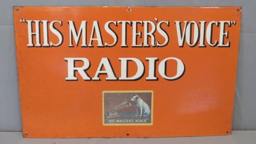 Porcelain "His Master's Voice" Radio sign orange