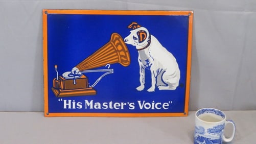 Porcelain RCA Nipper logo "His Master's Voice" sign in blue
