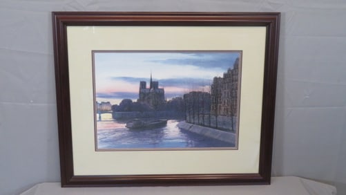 Watercolor on artist's board of Seine River in Paris signed Jim Gray
