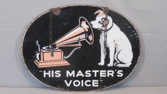 2-sided porcelain RCA Nipper "His Master's Voice" in black with chains (1 of 16)