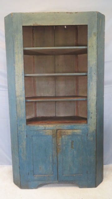 Early 19th century poplar open-top corner cupboard in old blue paint (1 of 8)