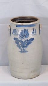Unmarked 4-gal blue decorated stoneware churn with tulip decoration