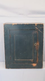 19th century pine hanging cupboard in old dark green paint