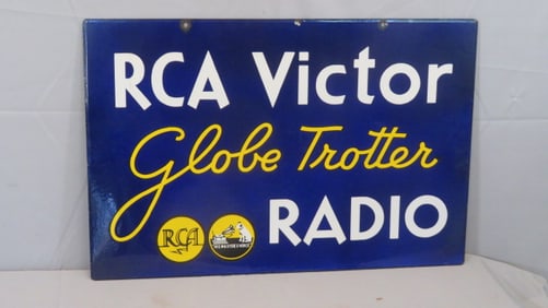2-sided porcelain RCA Victor Globe Trotter Radio sign in blue