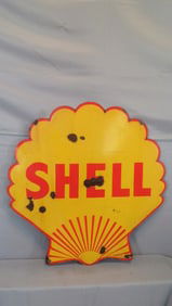 2-sided porcelain French Shell station sign in yellow/red