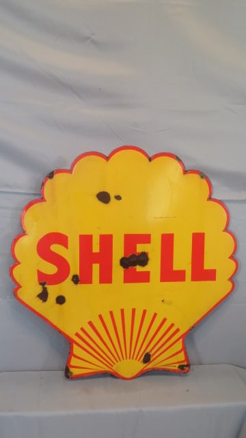 2-sided porcelain French Shell station sign in yellow/red (1 of 9)