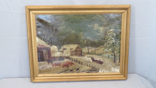 O/C Folk Art Winter Landscape painting