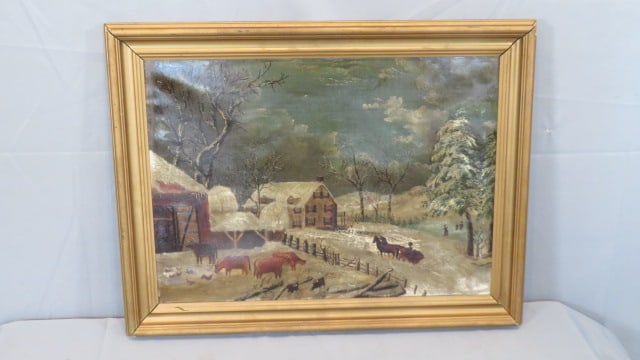 O/C Folk Art Winter Landscape painting (1 of 8)