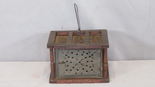 19th century wood and punched tin footwarmer