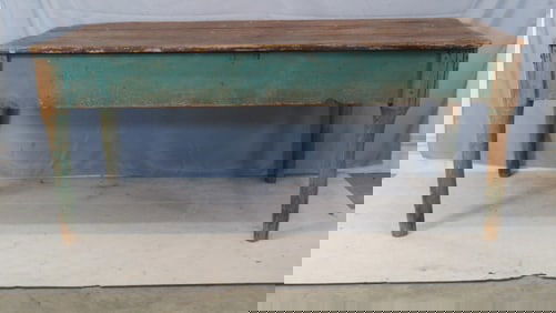 Southern pine country farm table in old greenish blue paint