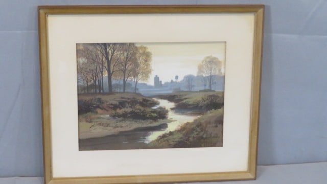 Acrylic painting entitled "Evening Fog" signed Frank Vietor (1919-2006): Acrylic painting entitled "Evening Fog" signed Frank Vietor (1919-2006), Indiana artist graduated from Herron School of Art, sight is 9"T x 12"W, overall is 15"T x 18"W, provenance estate of late Susi