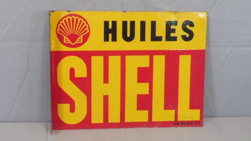 Porcelain 2-sided flange French Shell Oil sign