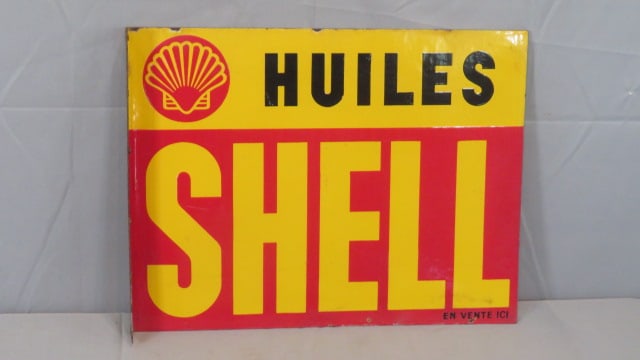 Porcelain 2-sided flange French Shell Oil sign (1 of 8)