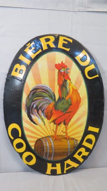 Porcelain French beer sign with rooster on barrel (1 of 11)