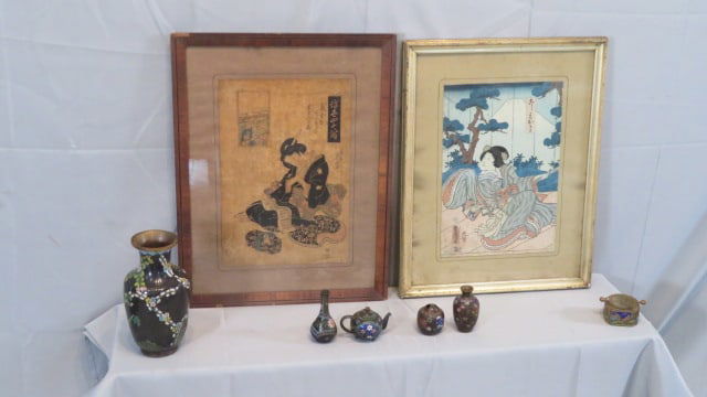 8 Oriental items, Japanese wood block prints and Cloisonne (1 of 14)