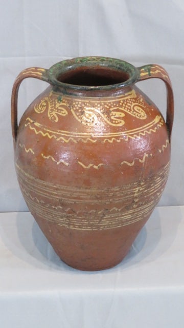 19th century redware ovoid double-handled jar w/slip decoration (1 of 5)