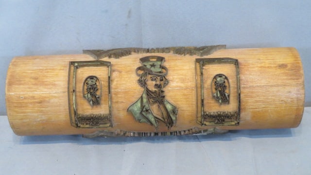 Wood and tin cutting roller for Uncle Sam's Macaron Co, Tecumseh, MI: Wood and tin cutting roller for Uncle Sam's Macaron Co., Tecumseh, MI, with 7 depictions of Uncle Sam, "The Cleanly Kind", "made in the country at Tecumseh Mich", 14"L x 4"diam