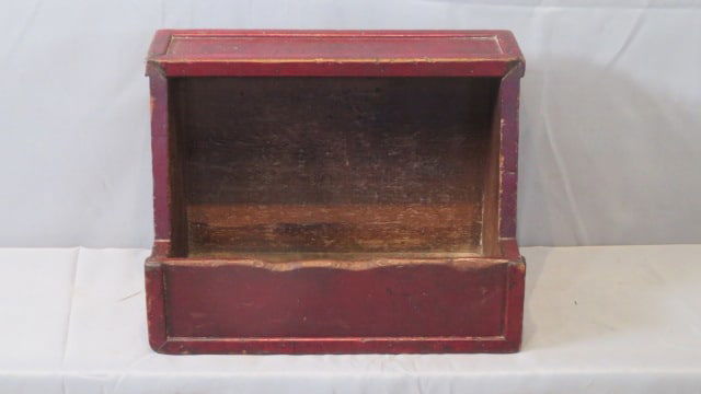 Late 19th century pine hanging wall box in old red paint (1 of 5)