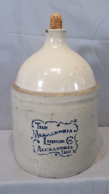 2-gal stoneware jug marked Alexandria Liquor Co., Alexandria, Ind.: 2-gal stoneware jug marked The Alexandria Liquor Co., Alexandria, Ind., 14"T x 9"diam