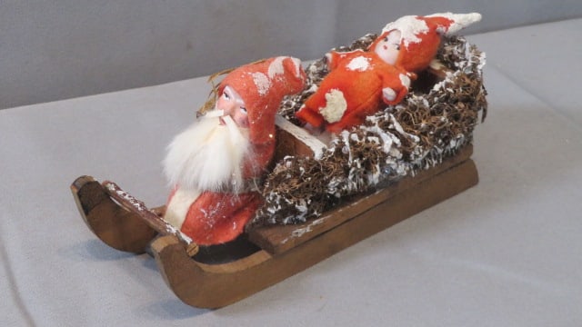 Vintage felt suit Santa with a Snow Baby in a wood sled (1 of 5)
