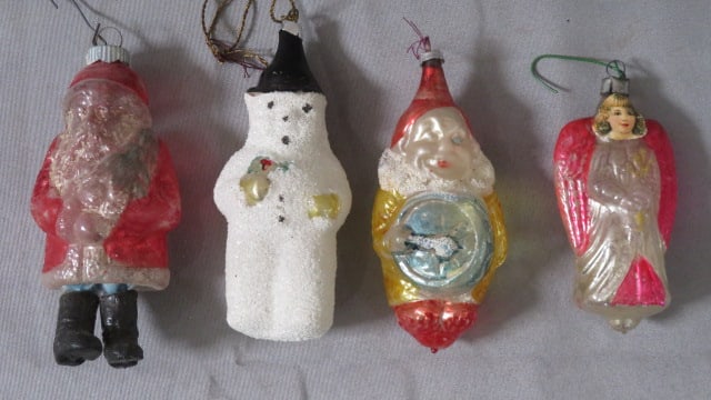 4 blown glass vintage Christmas ornaments: 4 blown glass vintage Christmas ornaments, including Santa, snowman, clown, and angel, largest is 4.25"T