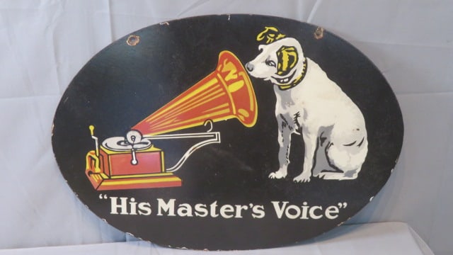 Porcelain 2-sided "His Master's Voice" w/Nipper logo sign (1 of 11)
