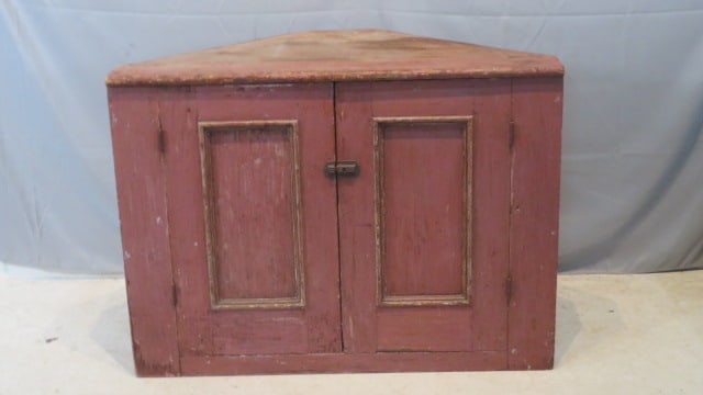 Early pine corner base cabinet in old salmon paint (1 of 4)