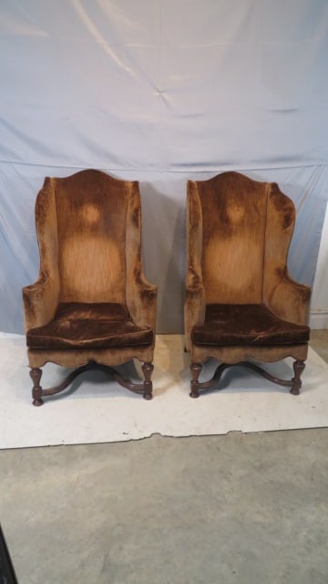 Pair of 19th century upholstered wing chairs: Pair of 19th century upholstered wing chairs, bases are walnut (legs, feet, finial, and stretchers), 49"T x 24"W x 31"D