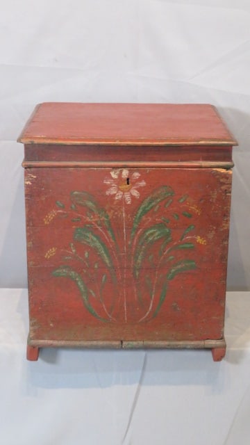 Pine dovetailed lidded box in red paint w/floral hand-painted decoration (1 of 6)