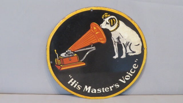 Porcelain "His Master's Voice" with Nipper logo, 12" round sign (1 of 4)