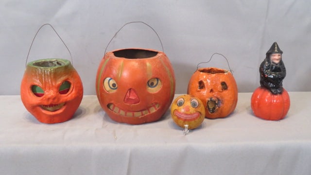 5 vintage Halloween items, Jack-o-lanterns, witch on pumpkin (1 of 6)