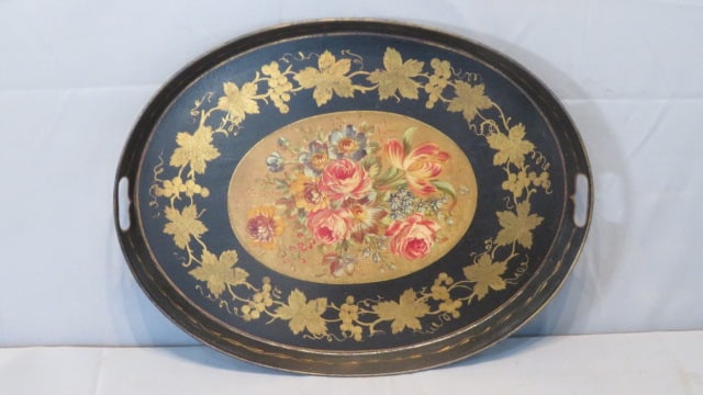 Tole decorated heavy tin serving tray (1 of 5)