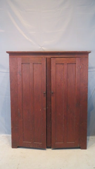 Pine flat wall cupboard in old red paint (1 of 6)