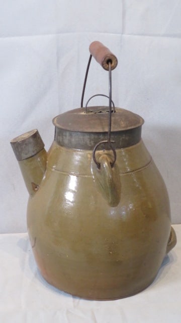 Unmarked PA stoneware batter jug with original tin lids (1 of 5)