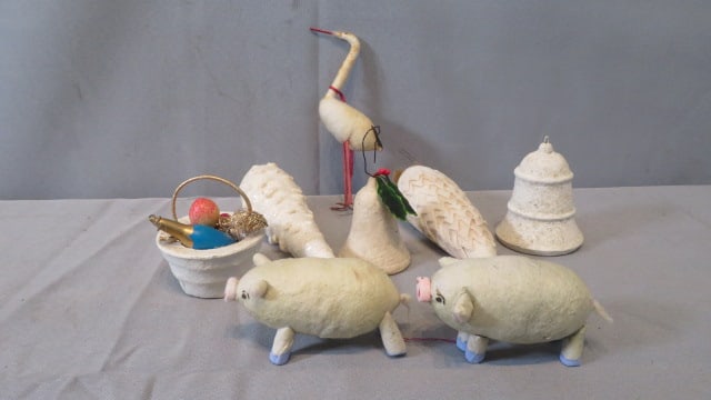 8 spun cotton and papier-mache vintage Christmas ornaments: 8 spun cotton and papier-mache vintage Christmas ornaments, including a spun cotton stork 5.5"T and 2 piggies