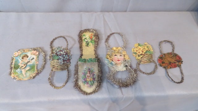 6 vintage Dresden Christmas ornaments with tinsel (1 of 5)