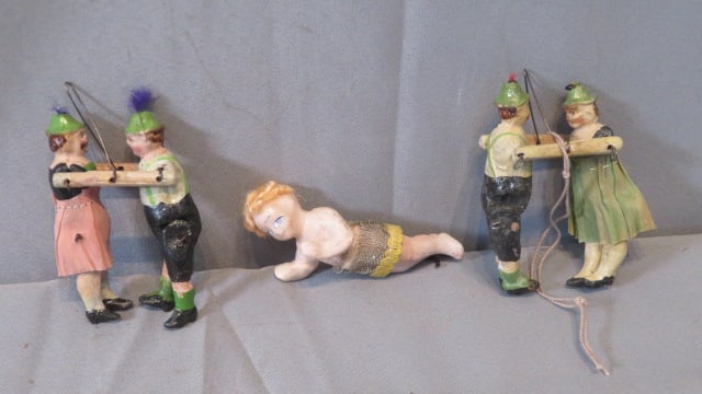 3 vintage Christmas ornaments, hinged dancing figures and chalk angel: 3 vintage Christmas ornaments including a chalk angel, and 2 composition and wood Alpine hinged dancing figures, 4"T