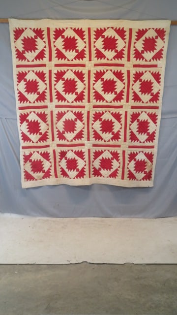 Early red and white hand-stitched patchwork quilt (1 of 9)
