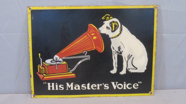 "His Master's Voice" porcelain sign with Nipper: "His Master's Voice" single side porcelain sign with Nipper and early phonograph, 18" x 24"