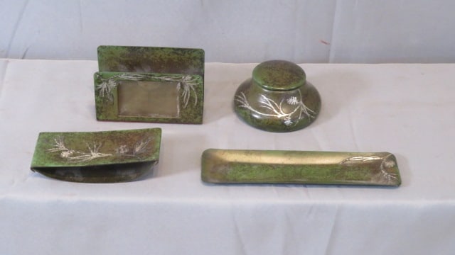 Art Nouveau 4 pc bronze desk set w/silver inlay (1 of 7)