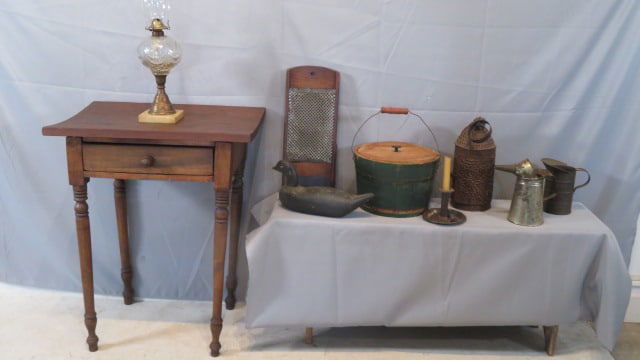 Group of 9 primitives, poplar stand, lamp, bucket, measures, etc. (1 of 11)