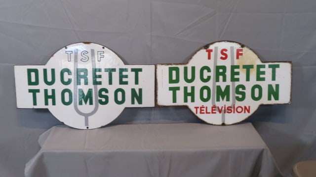 Pair of Porcelain 2-sided French Ducretet Thomson signs: Pair of Porcelain 2-sided French Ducretet Thomson signs, one is for the Television division, this was an early phonograph company which later extended to early televisions, 18"T x 28"W