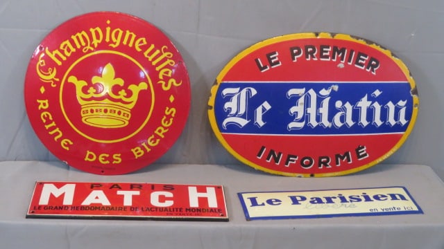 4 porcelain French signs: 4 porcelain French signs, including a convex Champigneulles Reine Des Bieres, convex Le Matio Le Premier Informe (14"T x 20"), Paris Match, and convex Le Parisien Libere