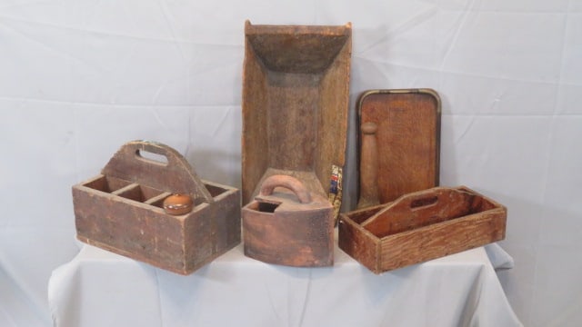 6 pieces of misc. woodenware and a redware iron (1 of 8)