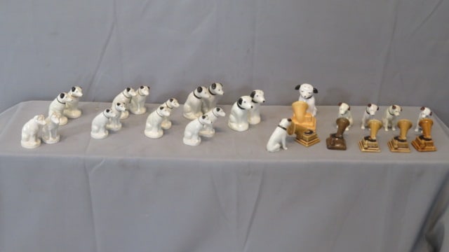 14 pair of RCA Nipper salt & Pepper Shakers: 14 pair of RCA Nipper salt & pepper shakers includes 8 pair of porcelain from the 50's and some with phonograph that are marked Made In Japan, tallest 3 1/2"