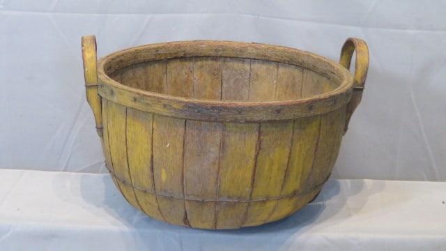 Late 19th century wood bushel apple basket in original yellow paint (1 of 6)