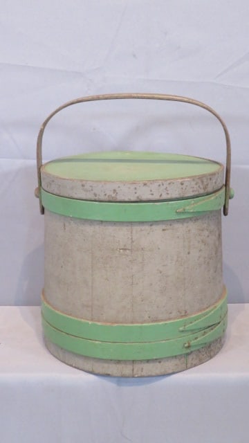 19th century wood firkin with lid in old gray with apple green trim (1 of 7)