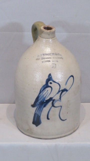 2-gal Boston stoneware jug with bird marked A.B. Wheeler & Co. (1 of 6)
