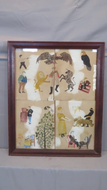 Early 20th century framed school child folk art watercolor: Early 20th century framed school child folk art watercolor, eagles, unicorn, lion, man holding a pistol, black man with 2 leopards, man with victrola, "Please Grandma give me a bite", and other people